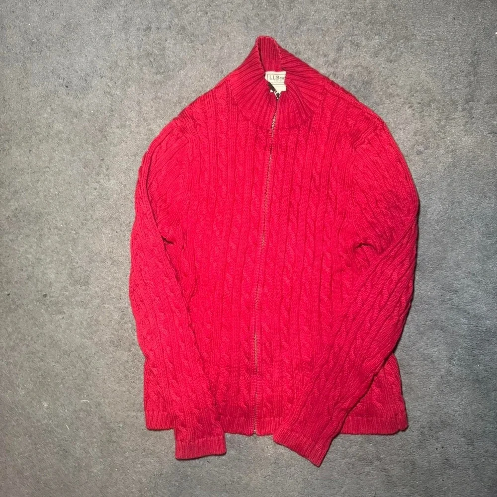 Vintage LL Bean Red Cable Knit Zip Sweater Womens Small Hong Kong Cotton